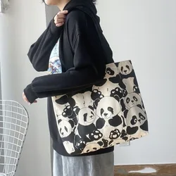 Cute Canvas Shopper Bags Cartoon Panda Eco Reusable Handbags Foldable Printed Student Tote Book Bag