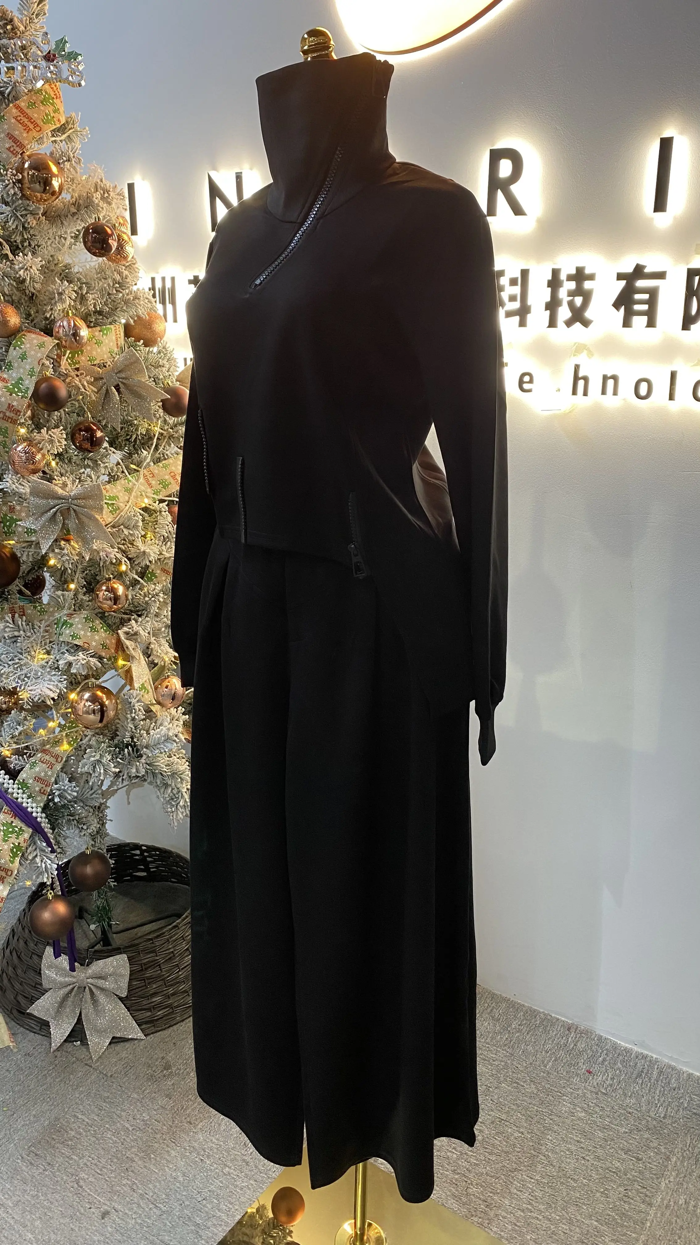 2025 نمط جديد لطيف حجم كبير سترة مشغولة من الصوف سترة عالية الرقبة المرأة قطعتين مجموعة مع تصميم الظهر الخاص-GZXX122 #2