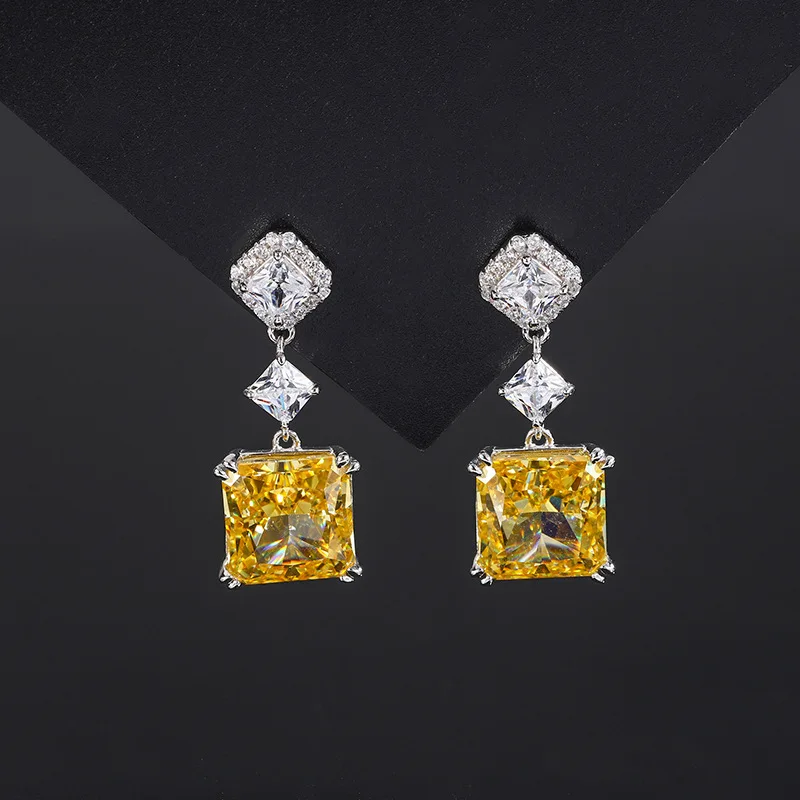 S925 Full body silver high carbon diamond color gemstone princess square high-end earrings and earrings for women 10 * 10