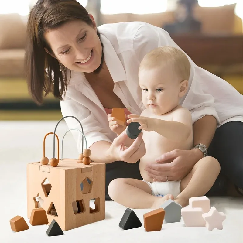 Caixa De Madeira Brinquedos De Combinação Para Criança, Bebê Montessori Puzzle, Jogo Educacional De Empilhamento, Blocos De Forma Geométrica De Silicone