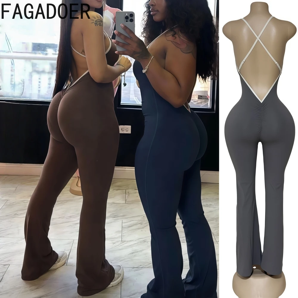 

FAGADOER Sexy Bodycon Jumpsuits Women Solid Color Spaghetti Strap Backless Flare Pants Rompers Female Streetwear Overalls 2025