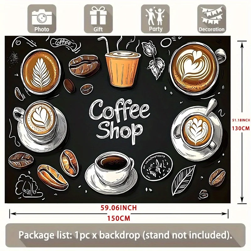 Coffee Latte Art Tapestry – Black Background Wall Hanging with Coffee-Themed Illustrations for Home, Café, or Event Décor 5