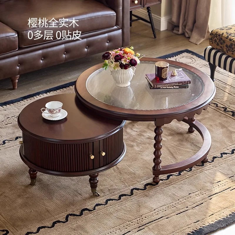 

American solid wood small apartment combination coffee table household living room round storage living room tea