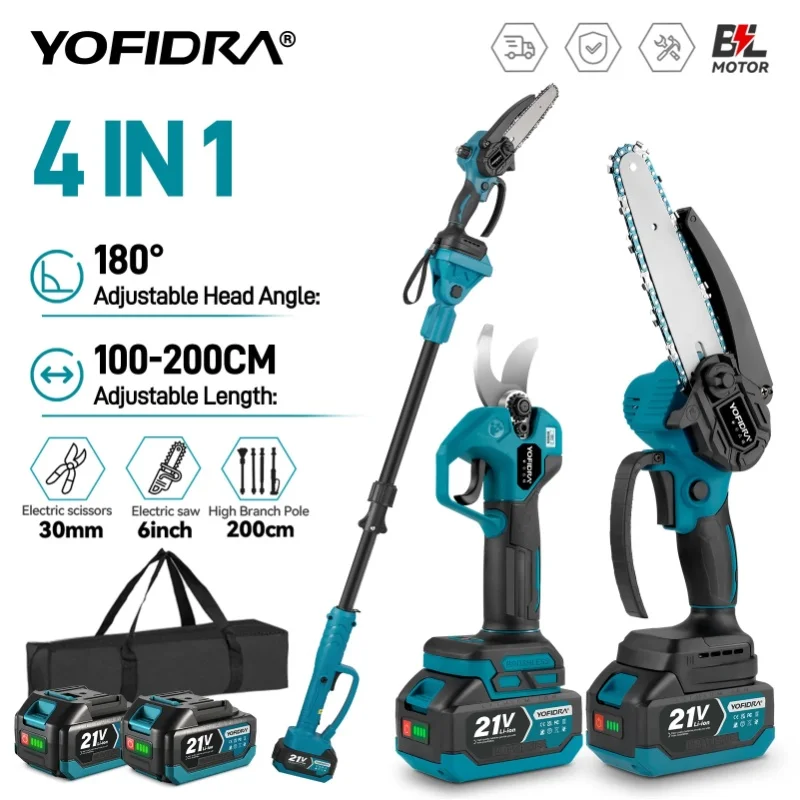 YOFIDRA 4-in-1 Bürstenlose Teleskopstange Elektrische Kettensäge Schere Kabelloses Garten-Baum-Schneidwerkzeug für Makita 21V Akku