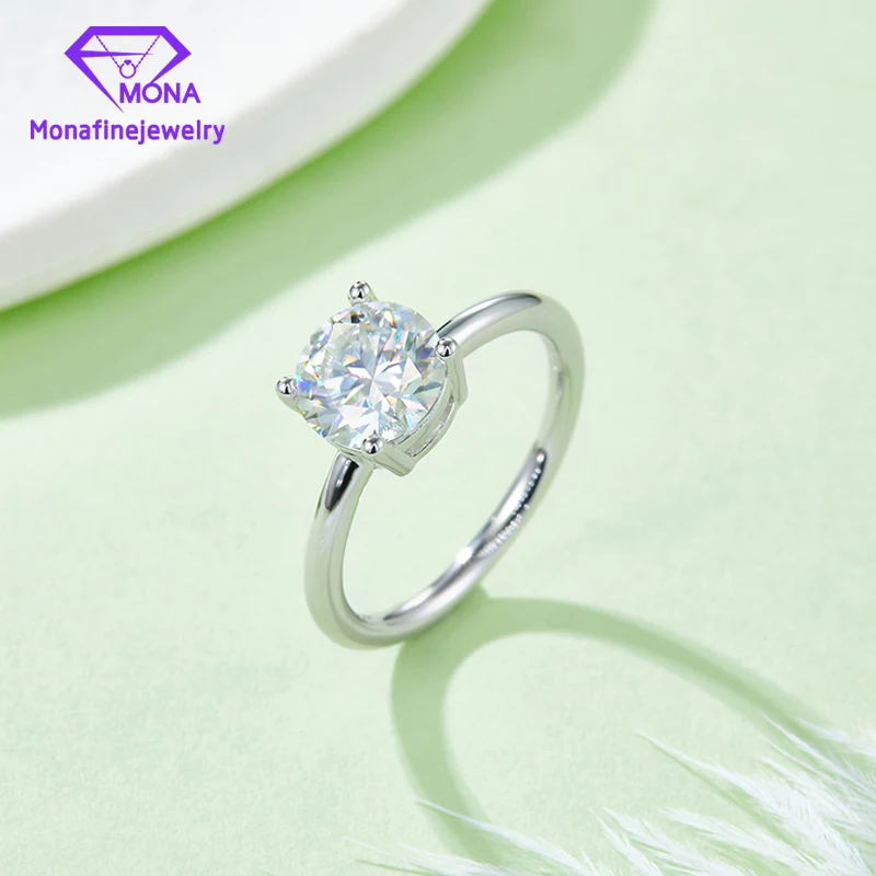 Four Claw Classic Setting 2ct D Color 8mm Round VVS Moissanite Jewelry Gold Plated 925 Sterling Silver Rings For Women