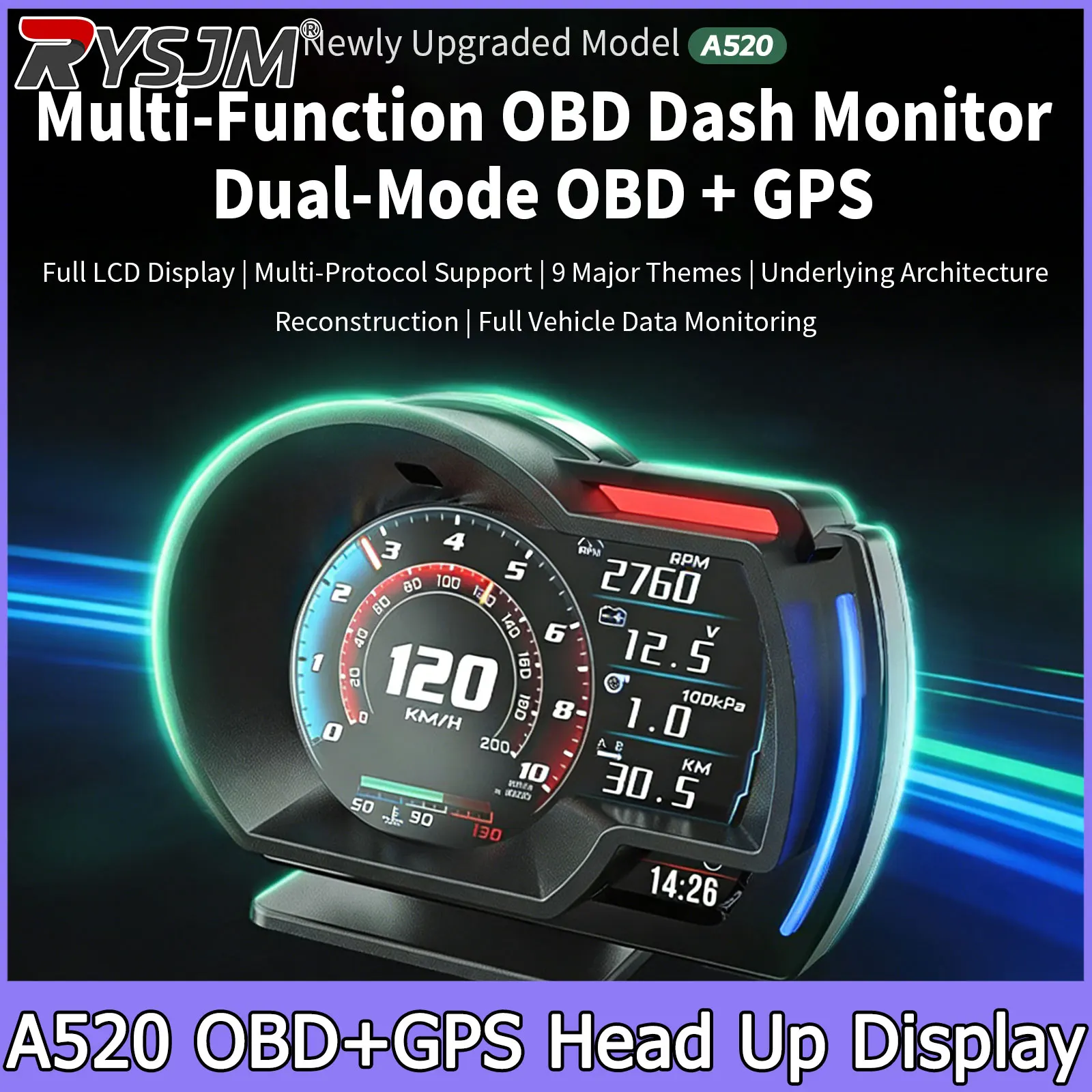 A520 OBD+GPS HUD Speedometer Water Temp RPM Fuel Level Digital Head‑Up Displayer Smart Gauge Speed Warning Car Diagnostic Tool
