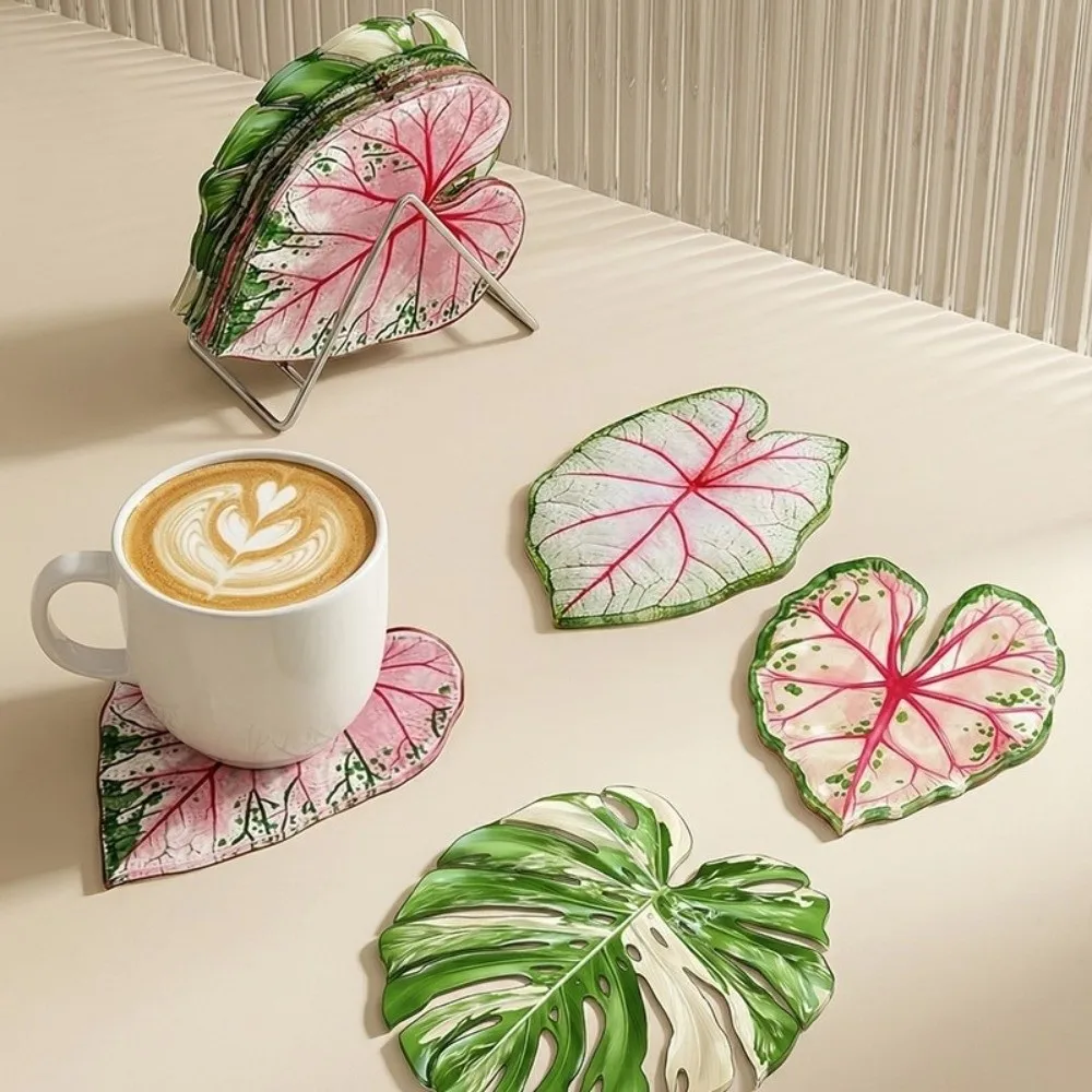 New Acrylic Green Leaf Coaster Irregular Shape Anti Slip Plant Leaf Cup Mat Easy to Clean Heat Insulation Cup Pad Desk Ornament view 3