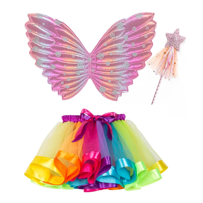 Saia tutu colorida com asas para meninas, mini saia para festa, dança, arco-íris, tule, roupas infantis, verão