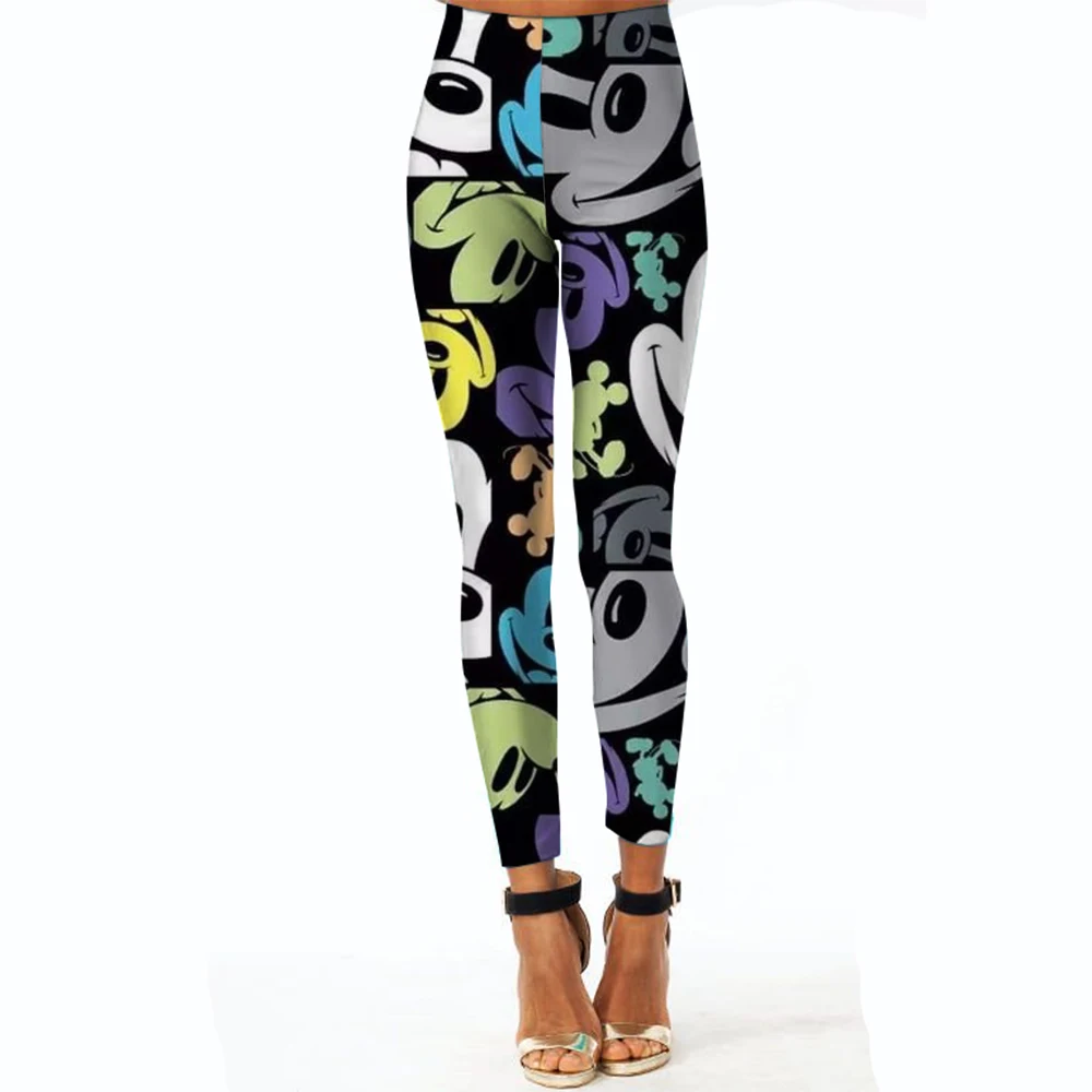 Disney Minnie และ Mickey Mouse พิมพ์กางเกงขายาวผู้หญิงกางเกงขายาวลวงตาฟิตเนสกางเกงนุ่มยืด Tights Leggings ทางกายภาพ