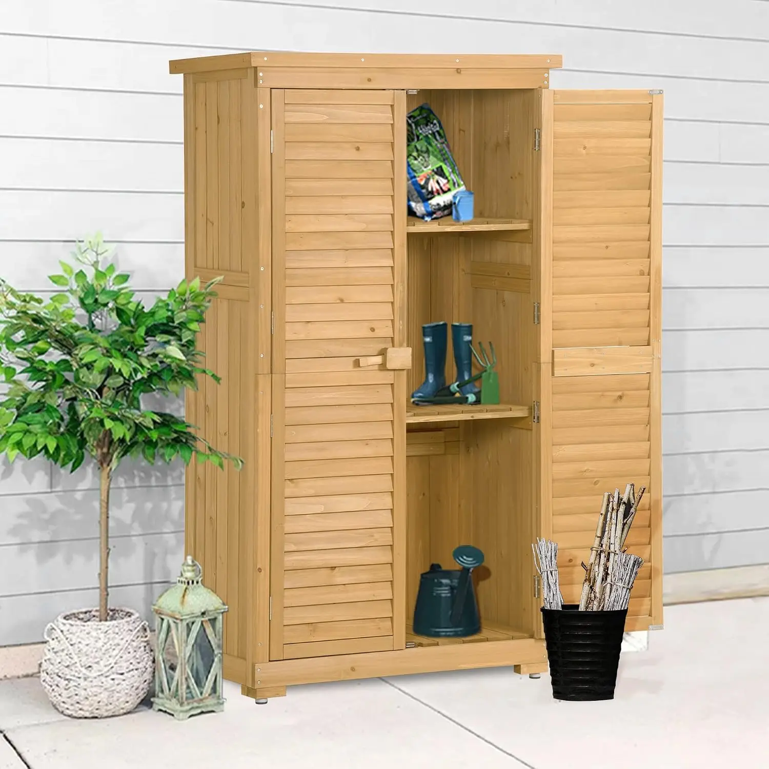 Outdoor Garden Storage Shed Vertical Cabinet 3 Shelves Shutter Fir Wood Tool Organizer Lawn Backyard Patio, Customized