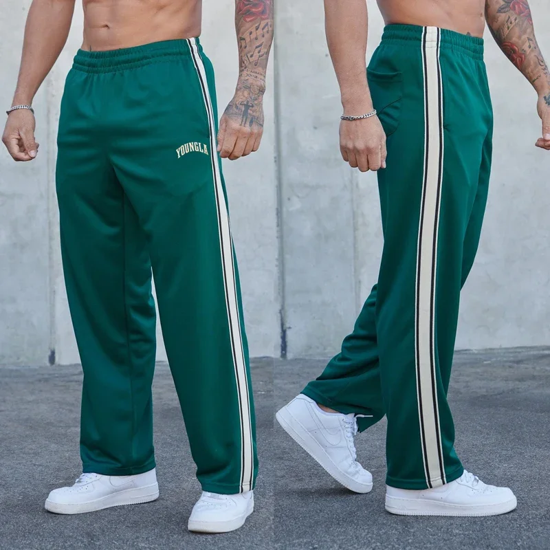 Joggers American style New Men's Sweatpants Weaving belt splicing printed casual pants Gym Sports Fitness Mid Waist trousers
