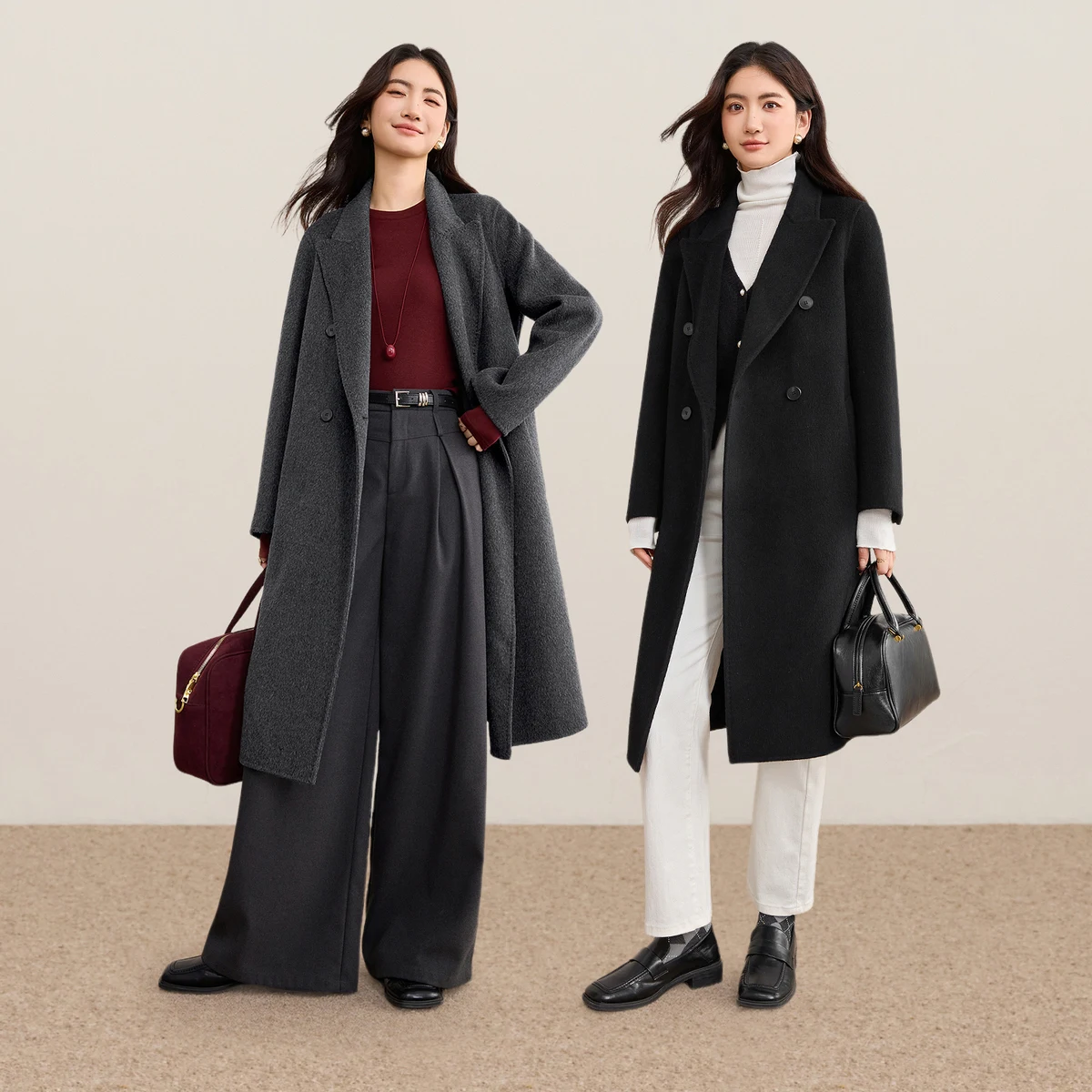 SENTUBILA Women Double‑Faced Wool Coat Loose Belted Double‑Breasted Long Outerwear Winter Elegant Commuter Overcoat W54OA8783