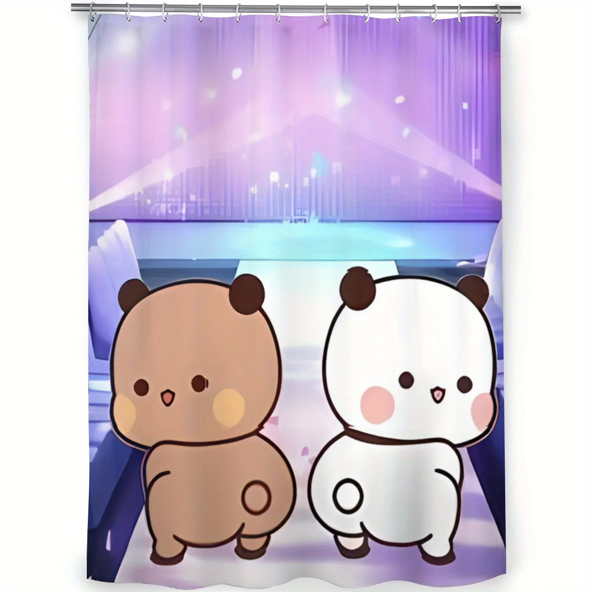 Shower Curtain with Cute Panda and Bear Cartoon Print Purple Gradient Background Waterproof Polyester Bathroom Decor