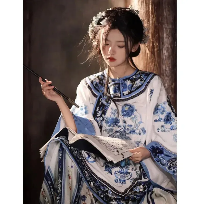 

CyQing Dynasty Dress Hanfu Women Horse-face Skirt Blue and White Porcelain Print Oriental Clothes Female Cosplay Costumes Party