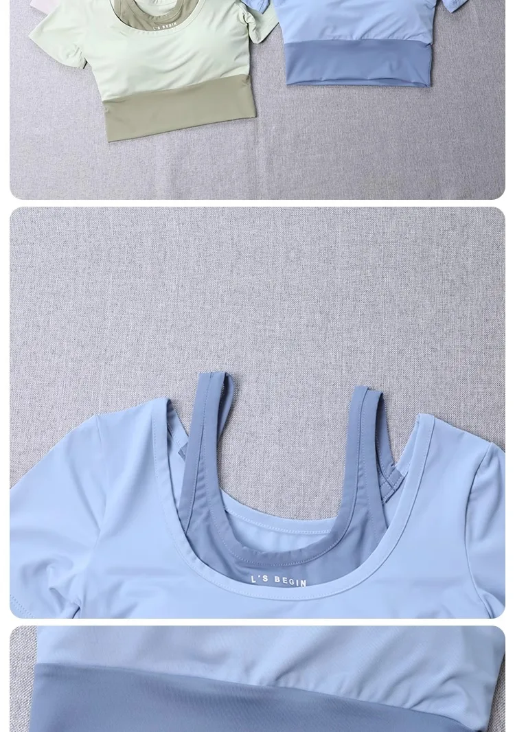 2-in-1-BH mit integriertem BH für Damen, enges Yoga-Oberteil, schnell trocknendes, kurzes Trainingsshirt, Sommer-Fitness-Training, kurze Ärmel – Detail 2