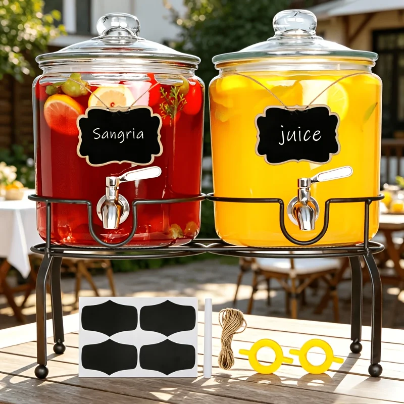 

Set of 2 Glass Drink Dispensers – 1-Gallon Capacity, Clear Glass Jar with Wooden Stand, Ideal for Parties, Weddings, Sun Tea, Lemonade, or Household Use; Includes Lid and Spigot for Easy Pouring