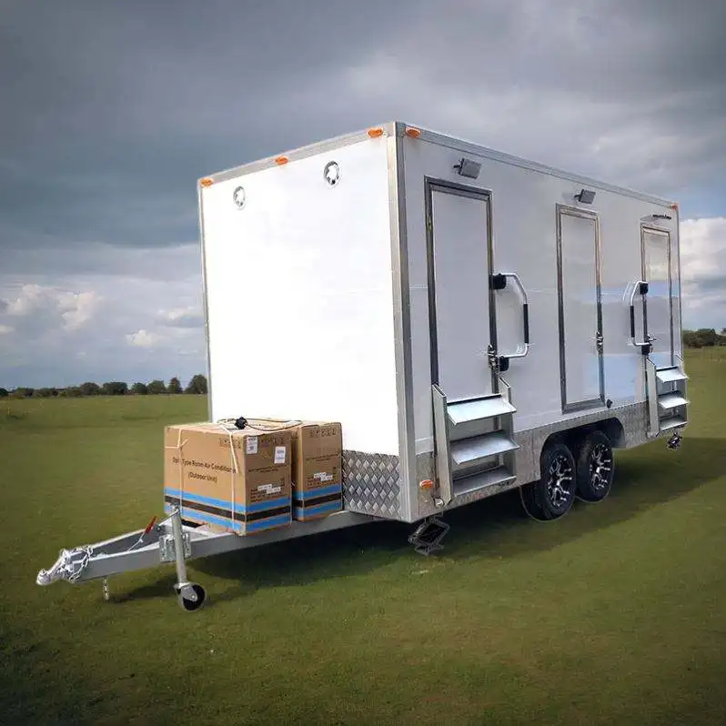 High Quality Outdoor Mobile Bathroom Toilet Trailer Soundproof Flush Potty Wheel Washroom Venues Quality Cabin Sandwich Panel