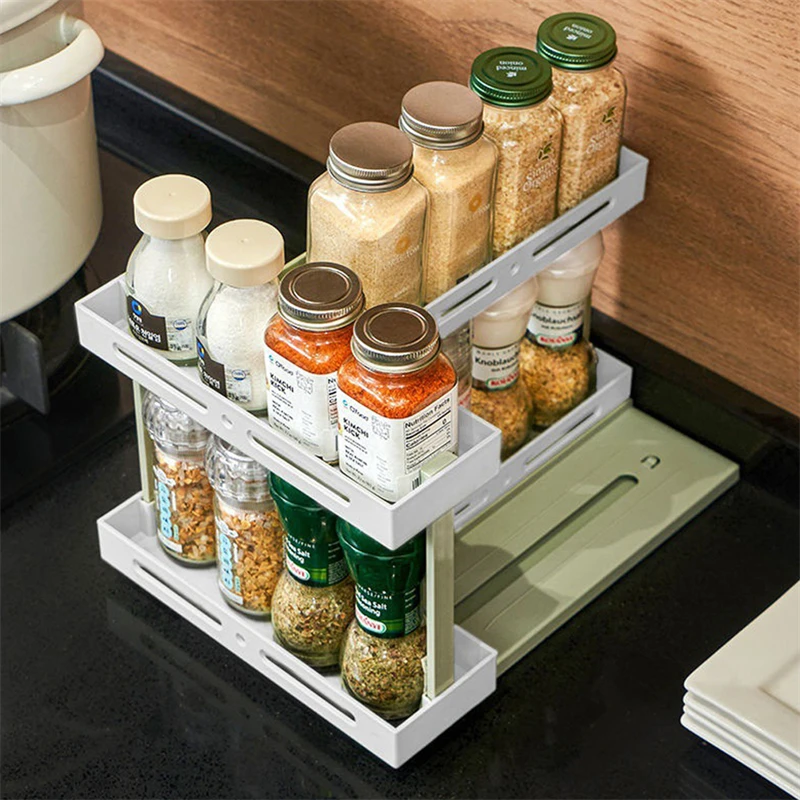 MUSAMBAN 1/2 Layers Spice Rack Organizer Jar Kitchen Accessories Push-Pull Hidden Household Refrigerator Storage Holder Tools