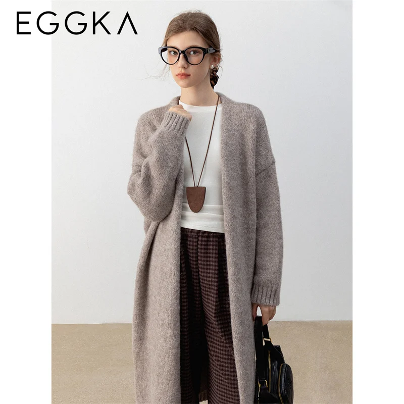 EGGKA Thicken Solid Long Sweaters Women's Winter Cardigan Keep Warm V-neck Sweater Female Loose Commuting Jumpers Midi Sweaters