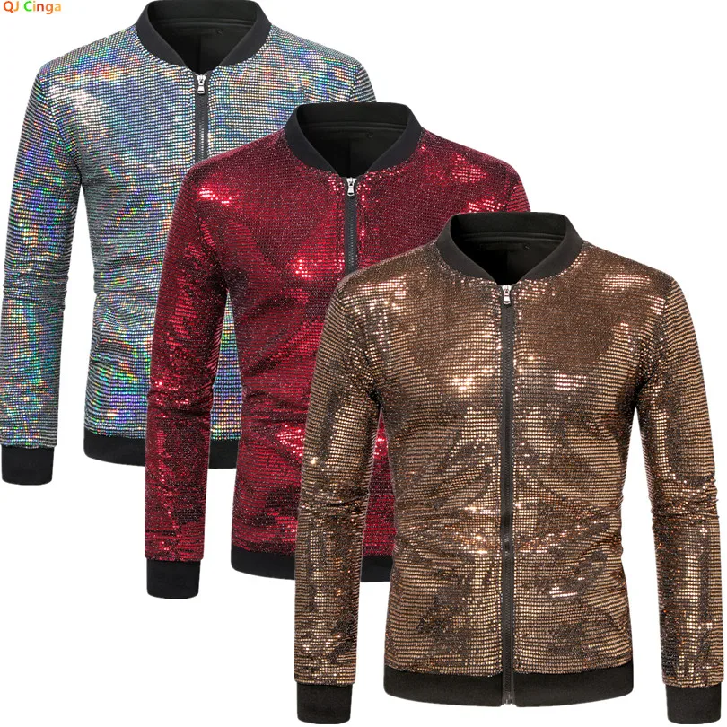 2026 Men's Gold Long Sleeve Jacket, Baseball Collar Zipper Control Switch Jackets,Round Metal Piece Decoration Top, Silver Coat