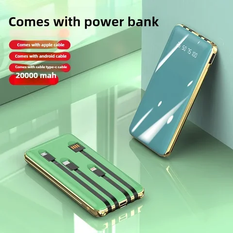 Тонкий и легкий новый гальваника большой емкости со собственным кабелем Power Bank 20000 мАч BCAK Портативный мобильный источник питания