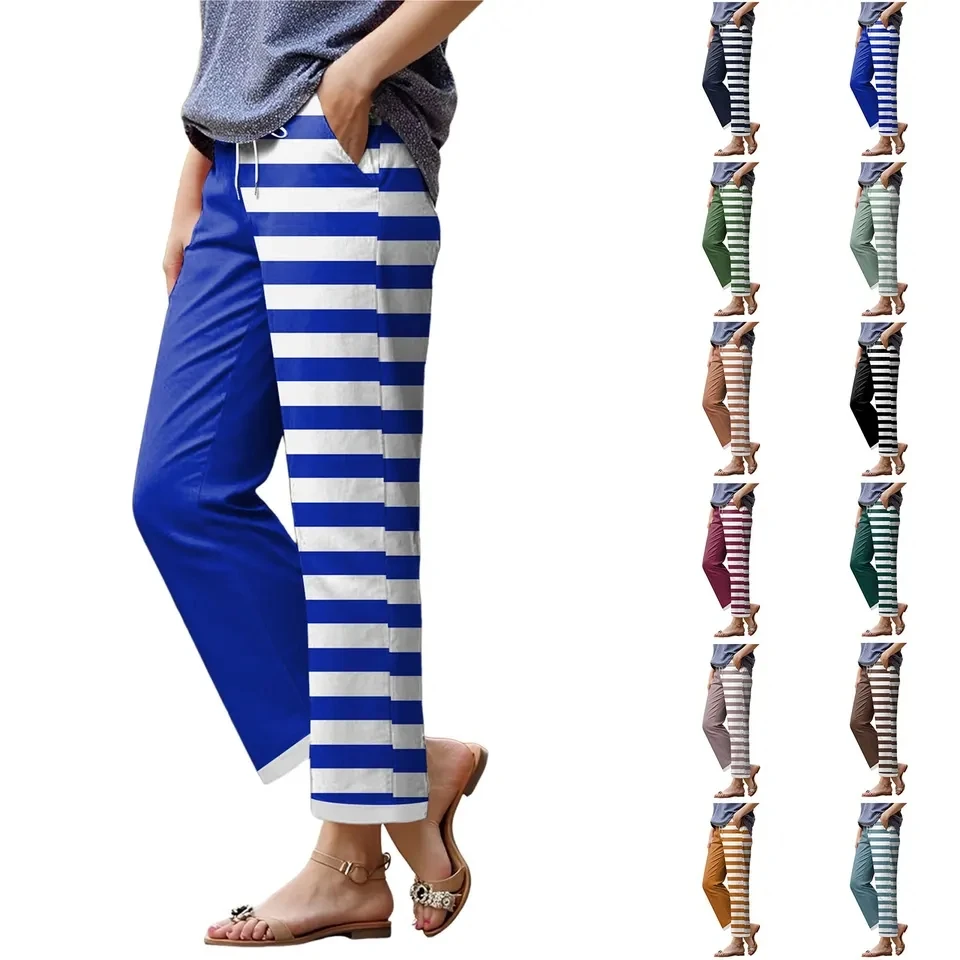 Summer Women's Casual Pants Stripe Print Patchwork Beach Pants Female Elastic Waist Drawstring Baggy Trousers With Pockets