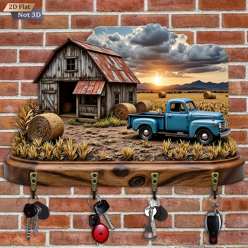 2D Flat. 1pc. Vintage Country Barn Truck Key Hook - Wooden Multi-Functional Decorative Key Holder with Four Metal Hooks, Wall