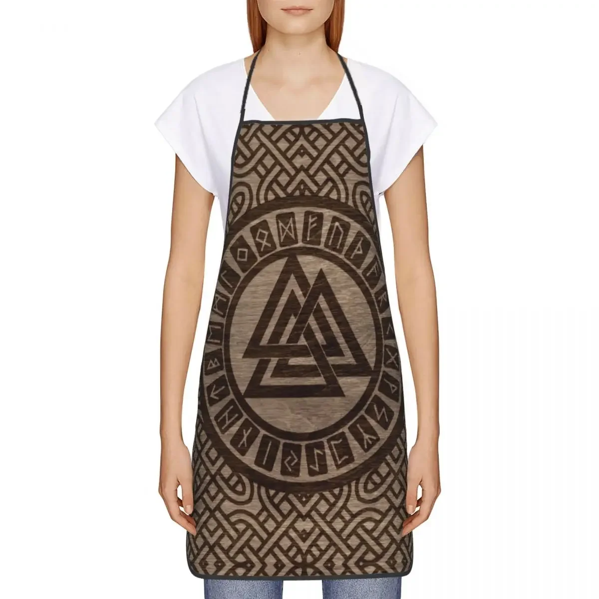 Valknut Symbol And Runes On Wood Bib Apron Adult Women Men Chef Tablier Cuisine for Kitchen Cooking Norse Viking Odin Baking