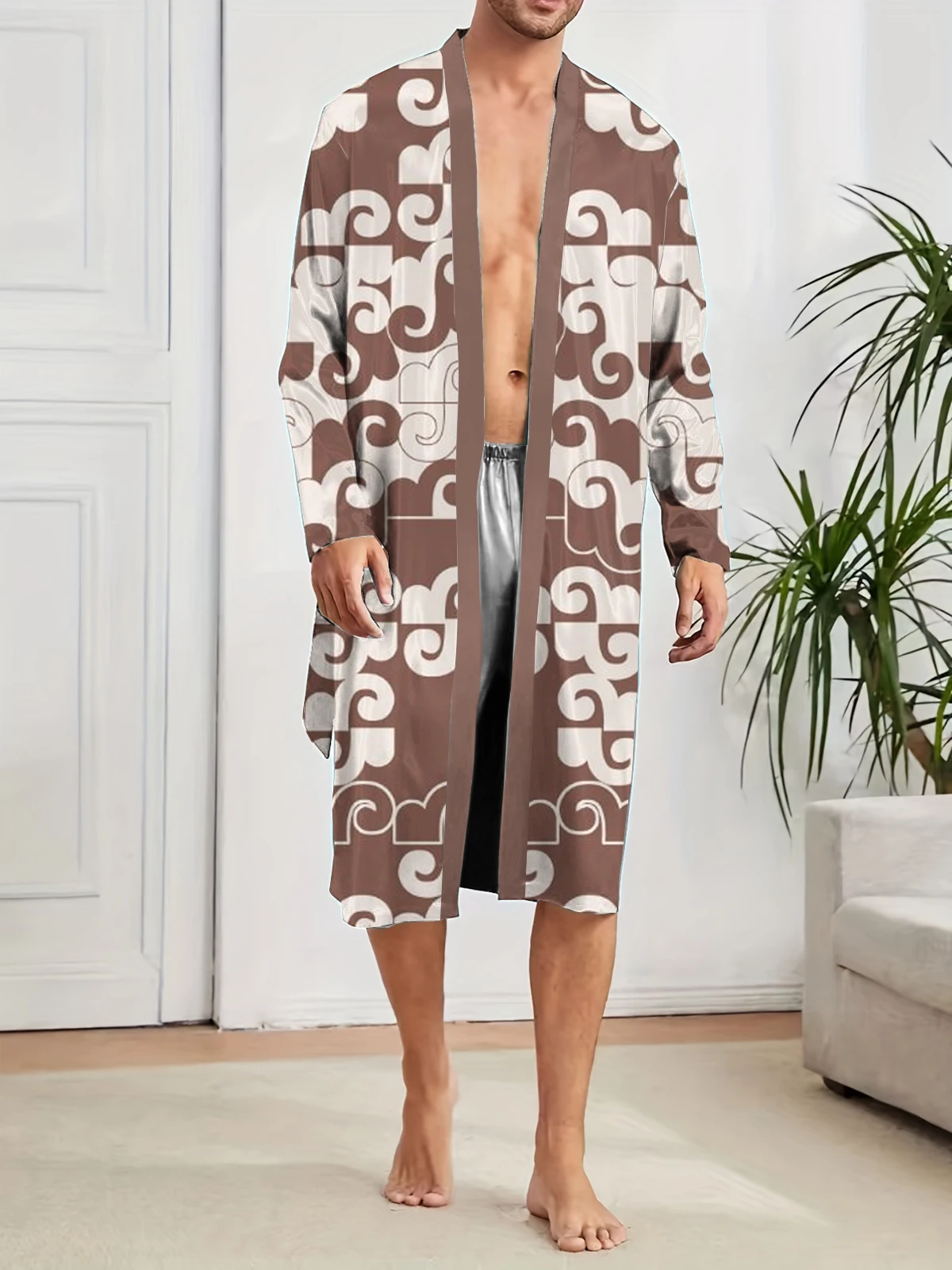 Spring and Autumn men's long robe, quick drying and casual, comfortable at home, digital printed trendy and fun sleeping robe.