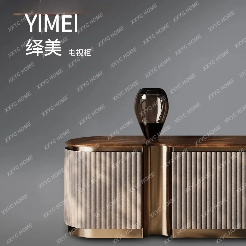LX minimalist natural luxury stone TV cabinet household high-end black walnut    Iron art TV cabinet