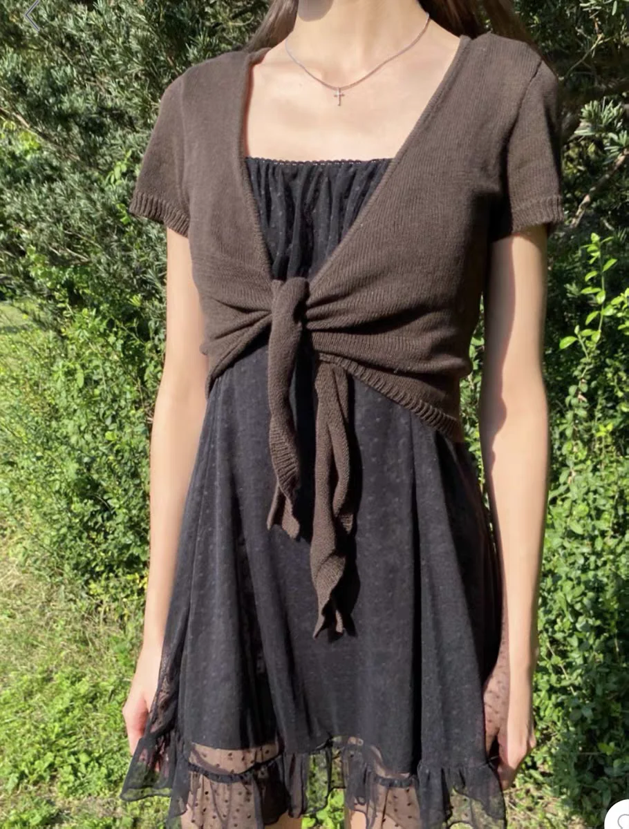 

Retro Cropped Lace-up Cardigan Women Spring Cotton Slim V-neck Sexy Smock Short Sleeve Tees Vintage Brown Chic Knitted Crop Tops