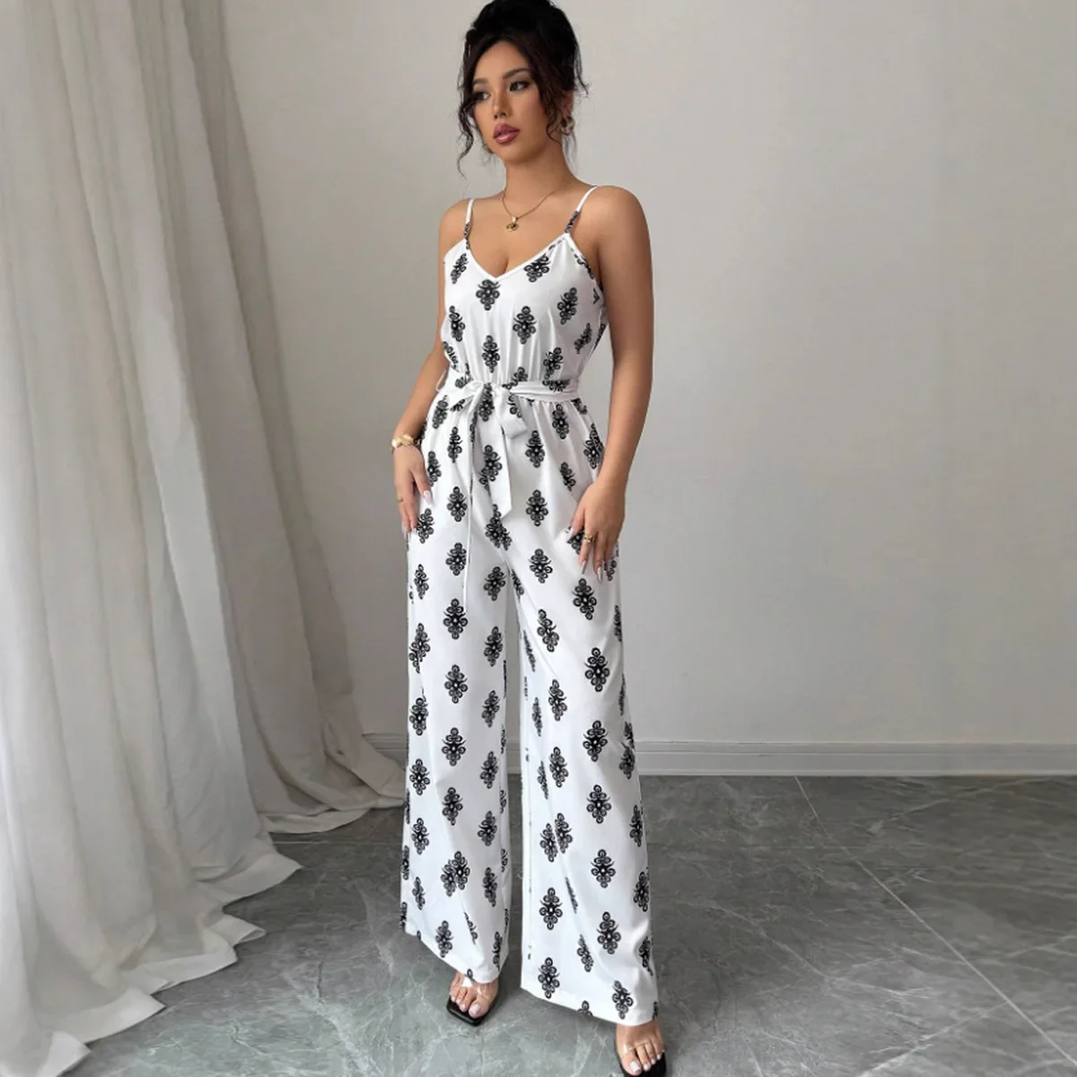 

MORODER Trendy Autumn New Arrival Elegant Fitting Back-Open Print Gogo Style Wide-Leg Jumpsuit Pants