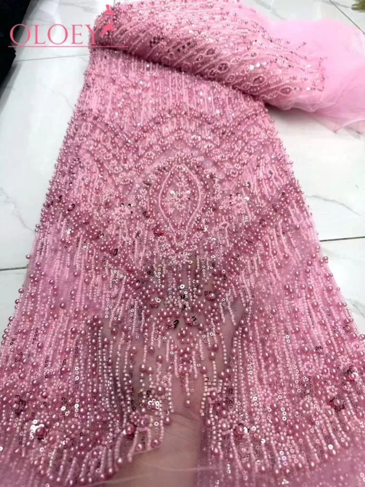 OLOEY  African Heavy Beaded Lace Fabric  High-Quality French Nigerian Sequin Tulle Lace Suitable for Women's Party Dresse