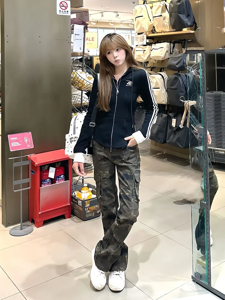 American High Street Vibe Flared Denim Jeans Women's Multi-ket Logging Work Pants Small Size Straight Leg  Hoof Long ...