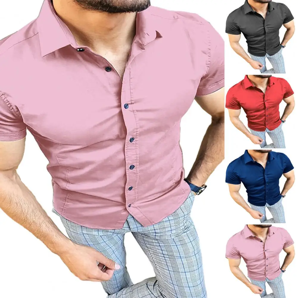 Men Summer Shirt Turn-down Collar Single-breasted Slim Fit Soft Solid Short Sleeve Cardigan Thin Breathable Formal Style Men Top