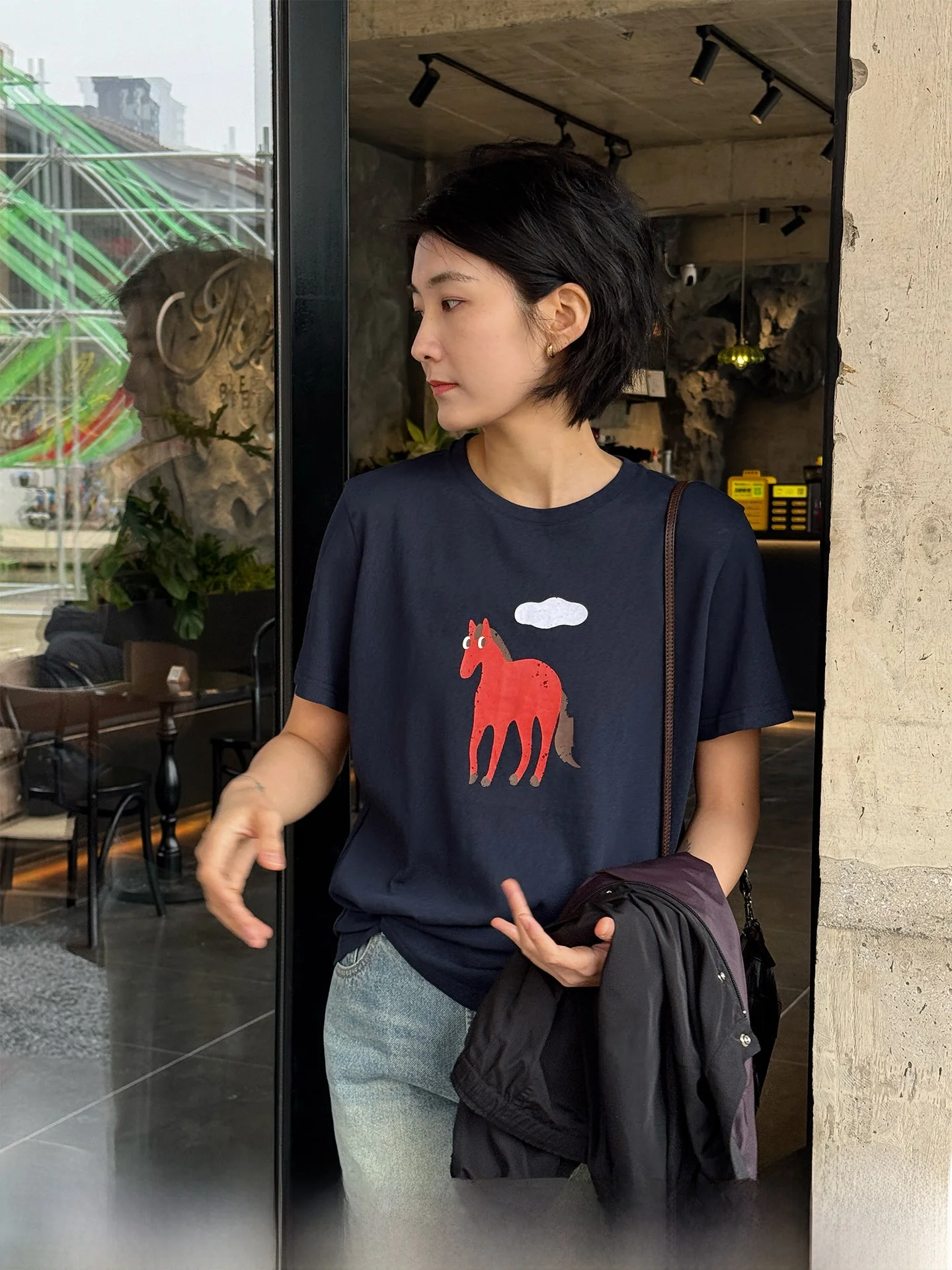 

Langqing Printed T-Shirt Women's Slim Fit Short Sleeve round Neck Top Commute Style Cotton Polyester Blend Summer New Arrival