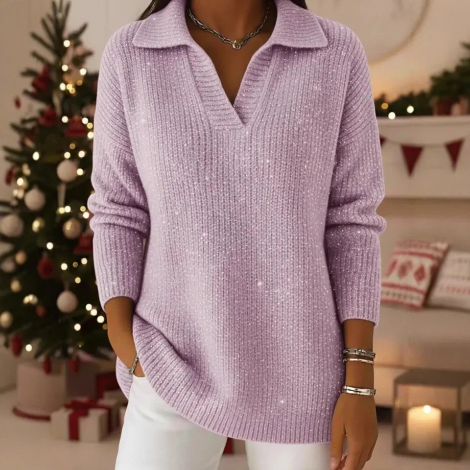 Shining Sweaters Women 2026 Spring New Long Sleeve Lapel Solid Color Knitted Tops