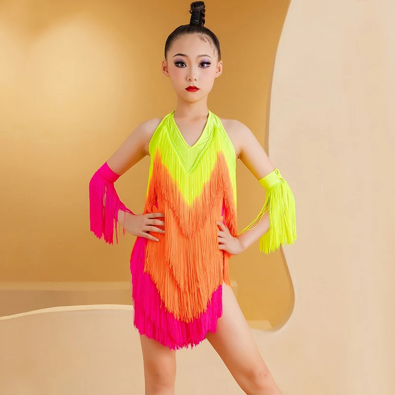 Summer National Standard Ballroom Dance Professional Costume Colorful Full Fringed Dresses Girls Latin Dance Tassels Dress 10541