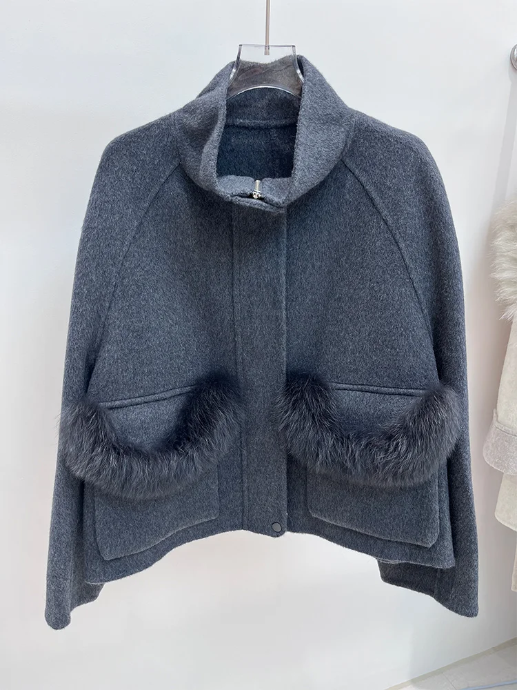 겨울 천연 여우털 칼라 울 재킷 여성용 따뜻한 코트 럭셔리 두꺼운 여성 코트