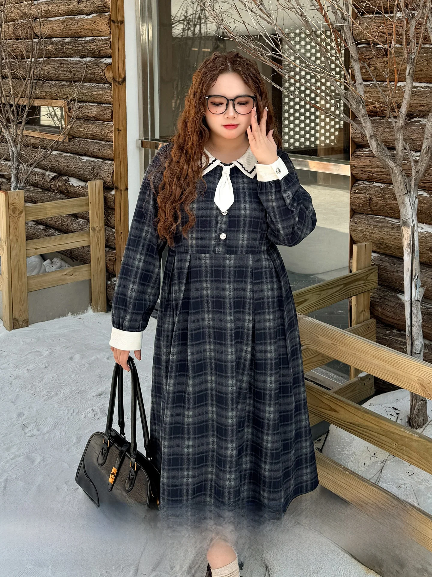 

plus Size College Sle Long Dr Waist Cinched Plaid Suit Collar Spring New Arrival Women's Faion A-Line Dr