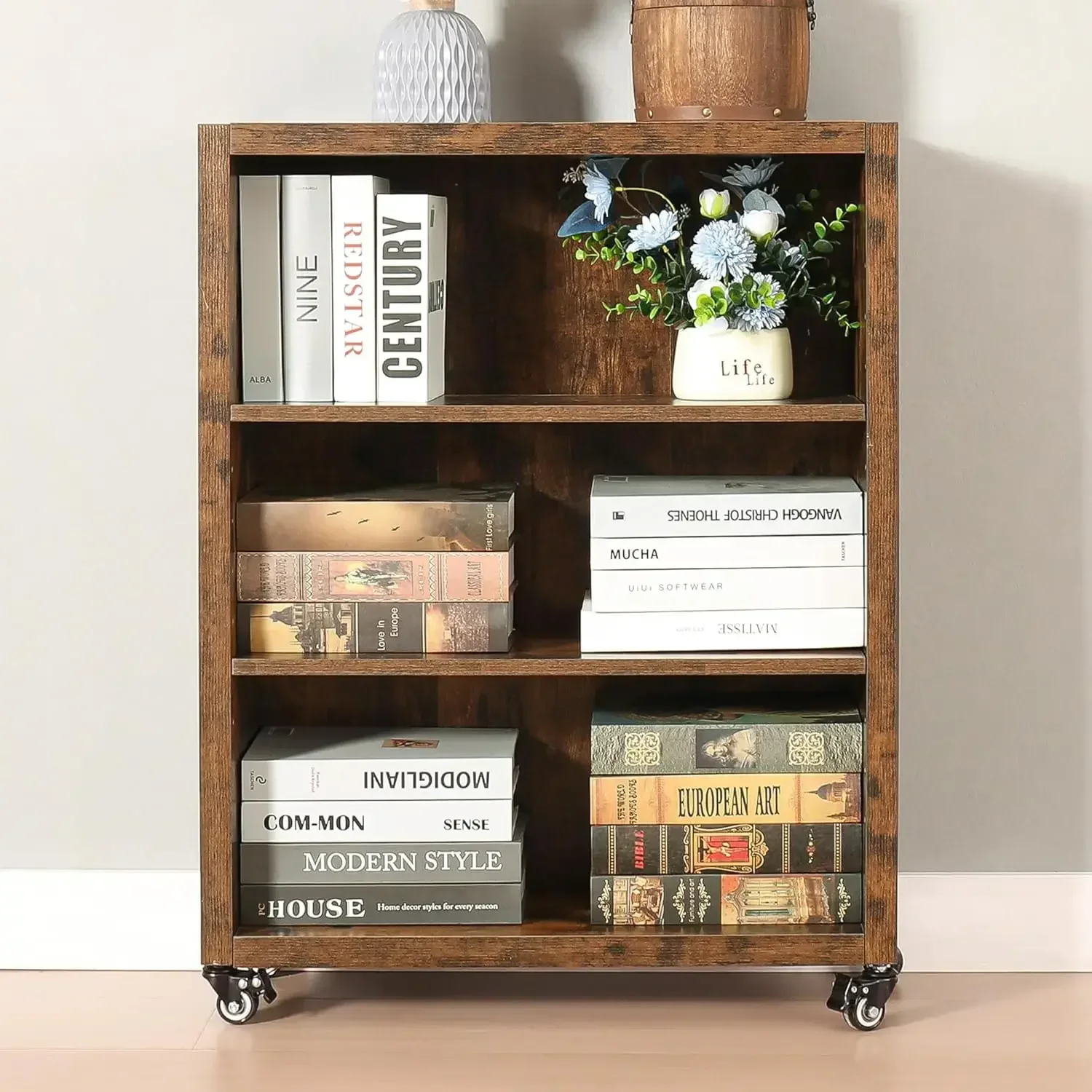 

3-уровневая книжная полка с колесиками, органайзер для хранения книг, книжный шкаф, напольные фиксированные полки, регулируемые полки, витрины