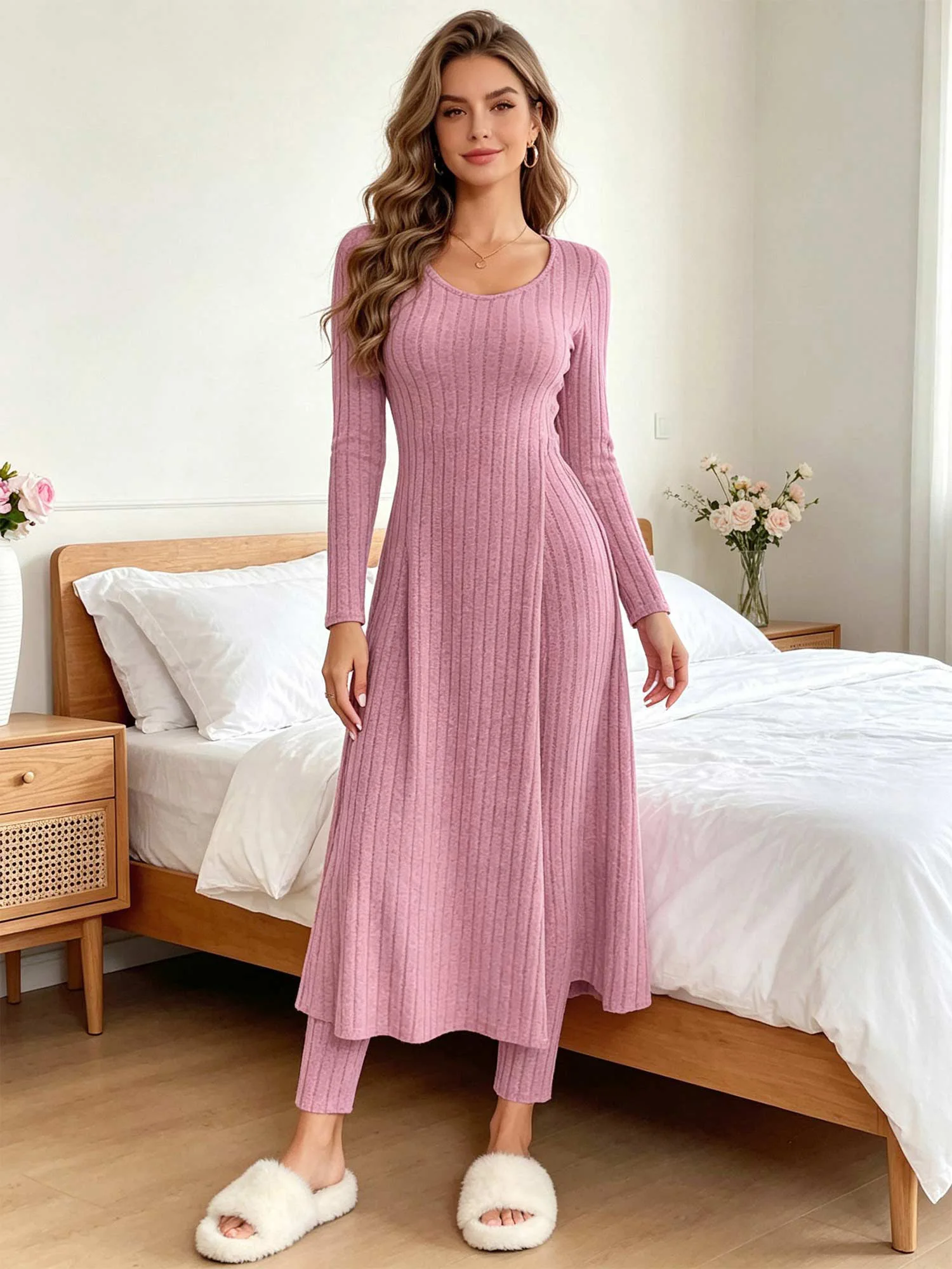 Women Casual 2-piece Ribbed Pajama Set Loungewear Homewear Long Sleeve Side High Split Dress Top with High-waisted Leggings Set