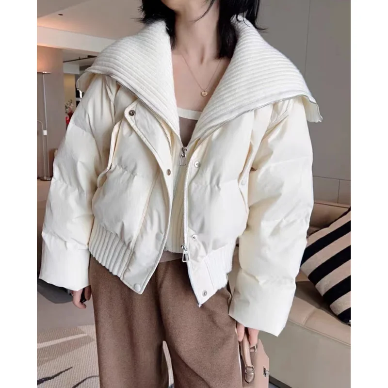 Thickening Down Jacket Women Coat Black Flip Collar Fashion American Streetwear Duck Down Feather Female Winter Short Outwear