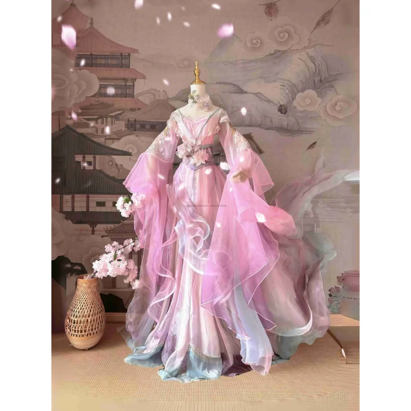 

Thousand Peaks And Distant Mountains Peach Blossom Goddess Noblesse Dynasty-style Large-sleeve Dress Designed In A Traditional