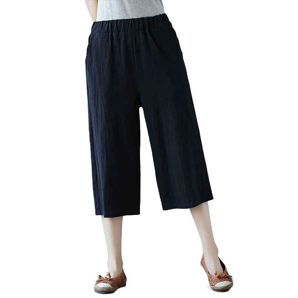 

Solid Color Women's Cotton Linen High Waist Capri Pants Wide Leg Pockets Casual Cropped Trousers Ladies Straight Pants