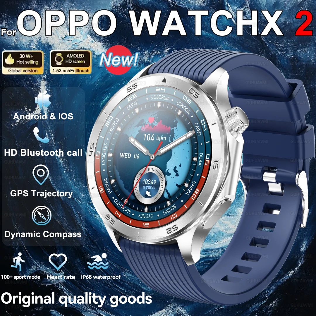 

2025 Новинка для OPPO Watch X2 Смарт-часы для мужчин AMOLED Открытый модный GPS Trace Компас Сердечный ритм Водонепроницаемые HD BT Call Смарт-часы