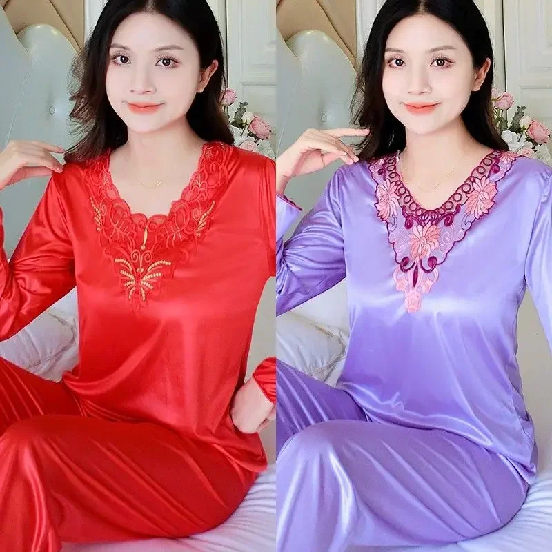 Large size pajamas for women spring and autumn styles ice silk thin style sexy long sleeved home clothing set, summer