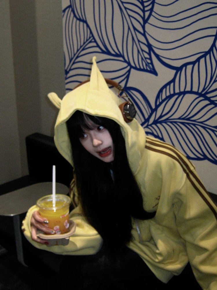 Amarelo orelha design hoodie zíper solto feminino primavera outono t-listras preguiçoso chique aberto cardigan jaet rua sle