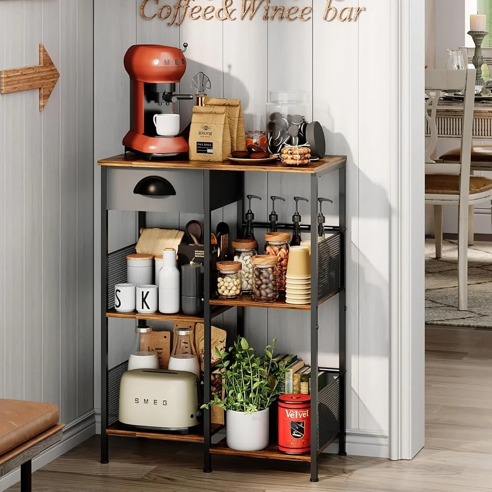 5-Tier Coffee Bar Stand with Drawer Rustic Kitchen Storage Compact Microwave Rack Space Saver