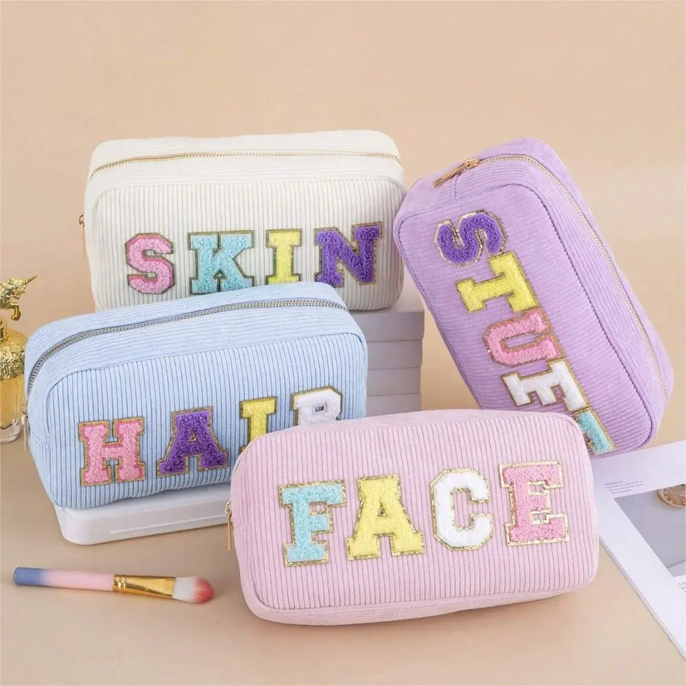 Corduroy Storage Bag Pink Beige Blue Purple Embroidery Letter Travel Makeup Bag High Capacity Makeup Train Cases Women Girls